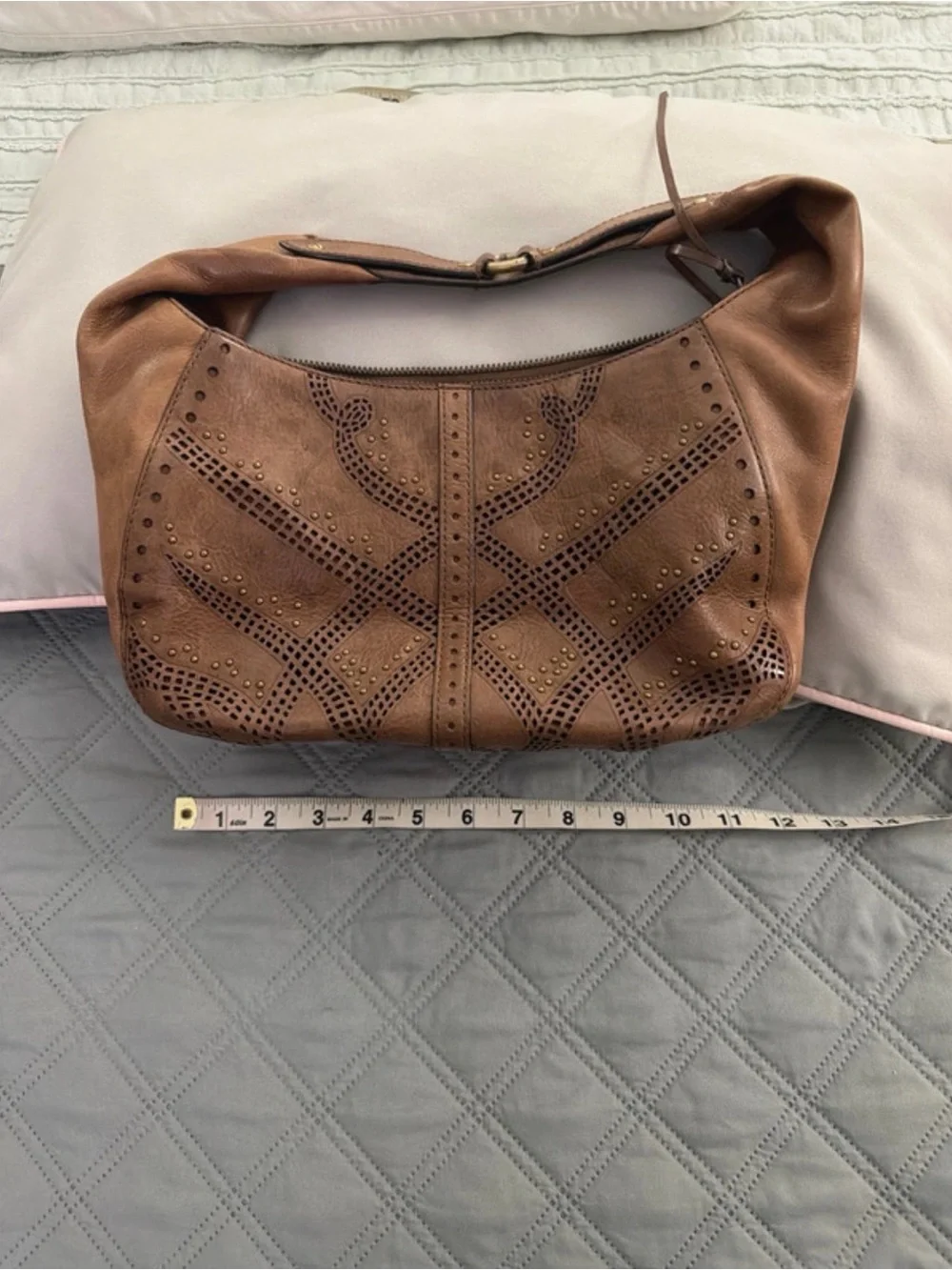 Cole Haan Tan Leather Perforated Hobo with Stud Accents
